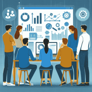 A group of people looking at a computer screen and discussing data. This image represents customer research and analysis, which is crucial for understanding customer needs.